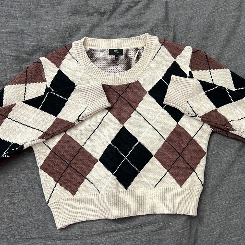 Brown Plaid Cropped Sweater